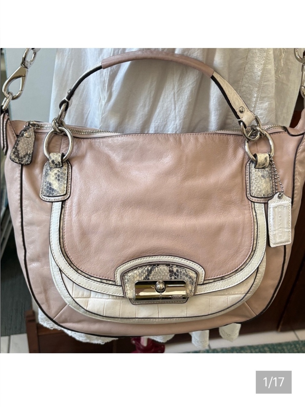 Coach  Kristin  shoulder/cross body bag pearlescent beige pink white snake skin